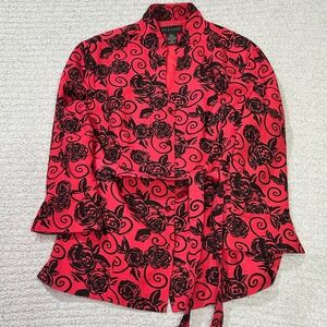Silk Land Blouse Floral Rose Silk M Red Black Vintage Romantic Chic Tie Waist